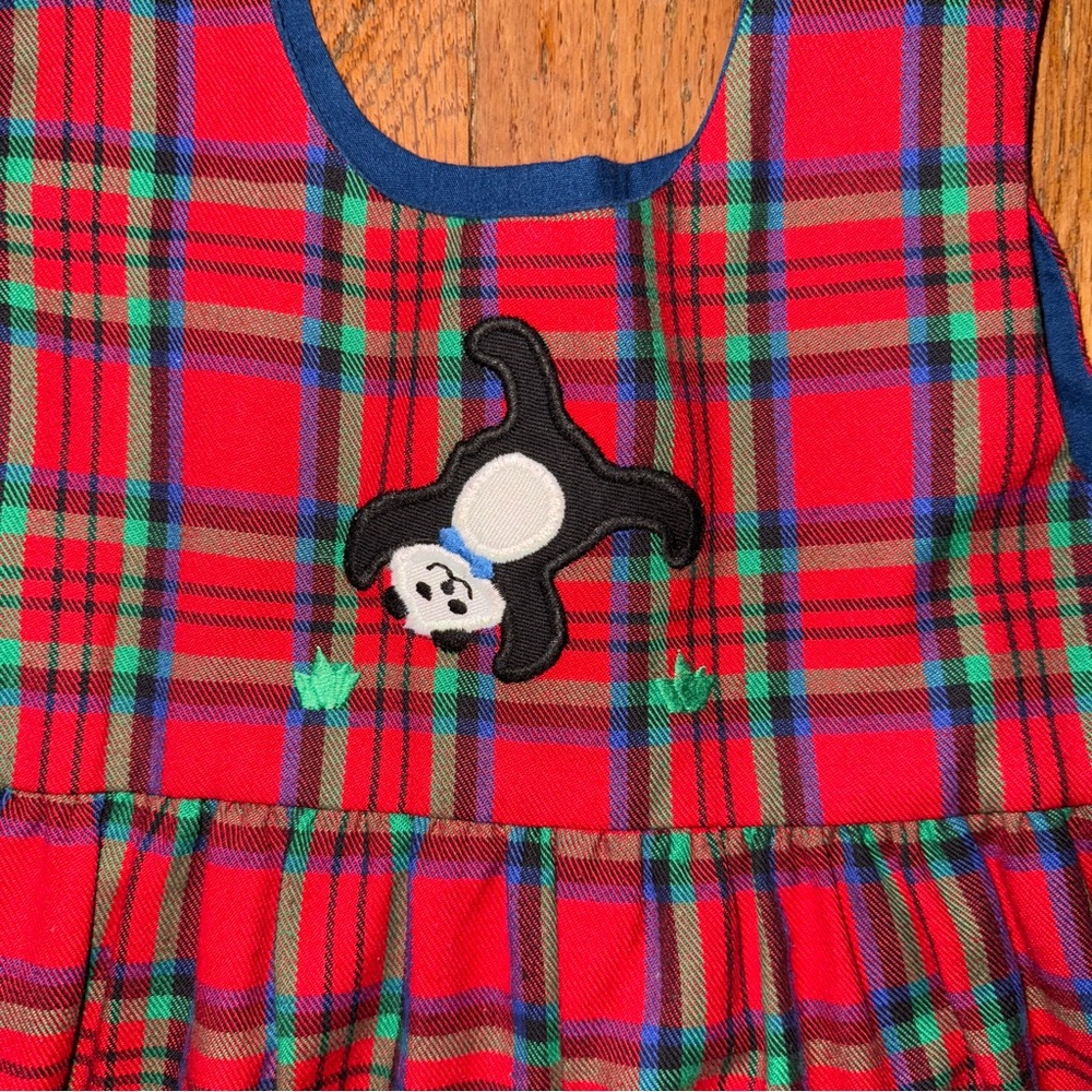 Vintage “Kelly's Kids” Red Plaid Romper with Panda Cartwheel Appliqué, Size 6X